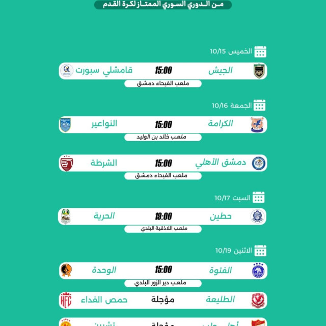 صافرة الجولة الثانية من الدوري السوري تنطلق اليوم  